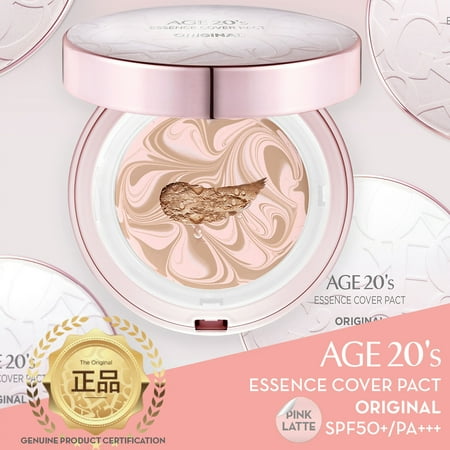 Makeup Refill - Age 20's Compact Foundation Premium Makeup, Case + 1 Refill - Pink Latte Essence Cover Pact SPF50+ (Made in Korea) - Pink/Nude Beige (Color 21)
