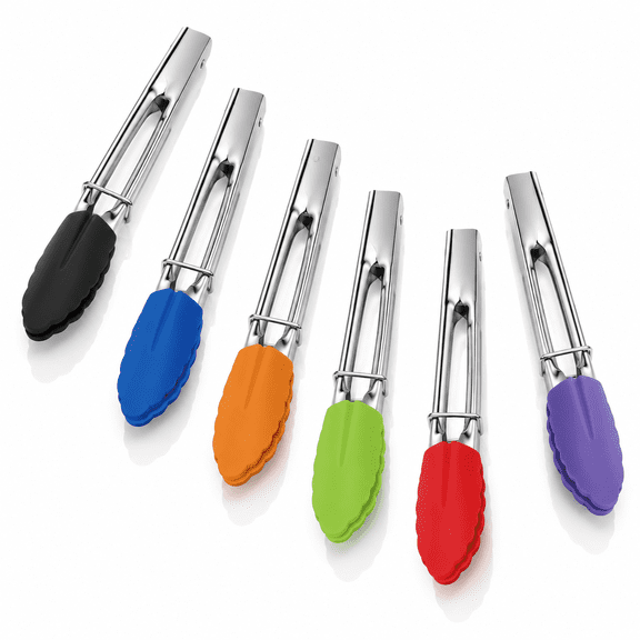 6 Pack Small Tongs with Silicone Tips,7-Inch Mini Serving Tongs,Multicolor Food Tongs with Stainless Steel Handles,Heat Resistant Kitchen Tongs for Cooking,Serving,BBQ,Grilling,Salad