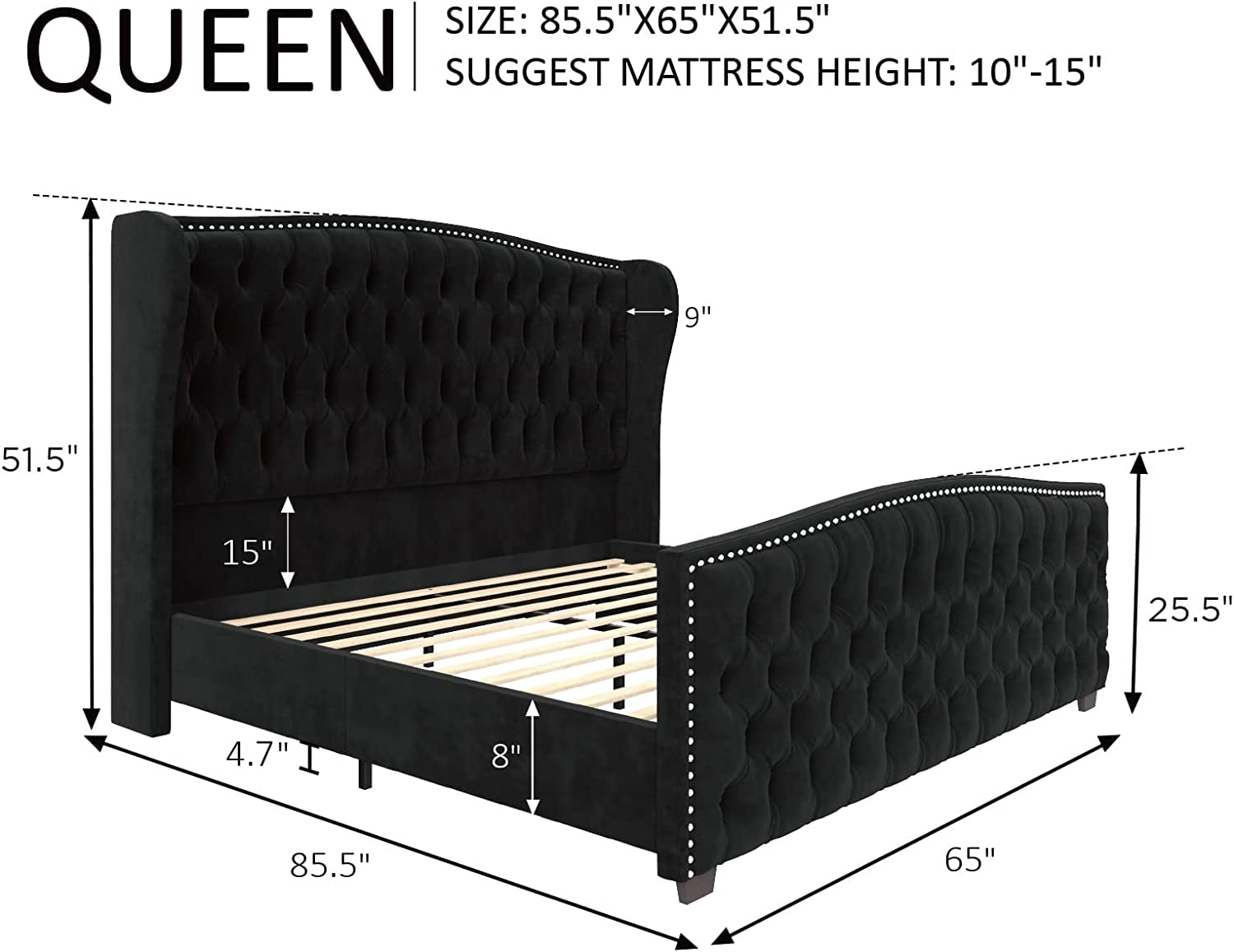 Amerlife Queen Bed Frame with Velvet Upholstery, Tufted Wingback Headboard and Nailhead Trim, Black