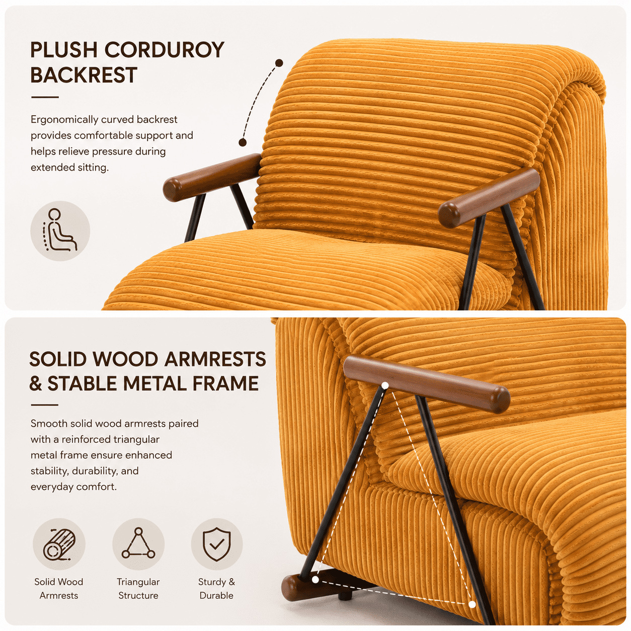 MOONMISS Corduroy Accent Chair, Upholstered Lounge Armchair with Solid Wood Armrests & Minimalist Metal Frame for Living Room, Bedroom,Yellow
