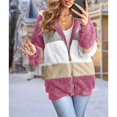 thumbnail image 4 of Womens Winter Fuzzy Fleece Jacket Hooded Color Block Patchwork Cardigan Coats Outerwear with Pockets Rose Red M, 4 of 9