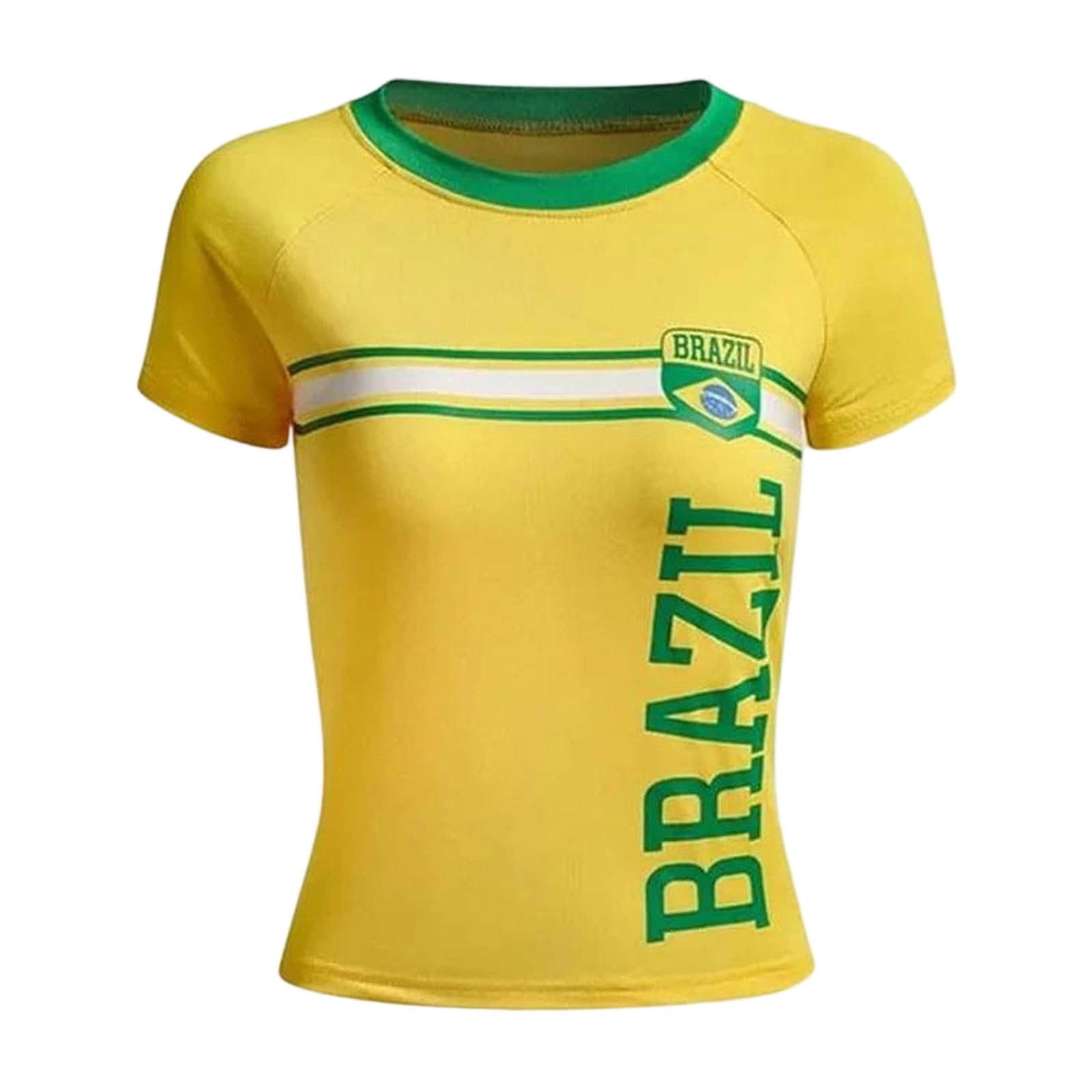 Womens Brazil Soccer Shirts Football Fans Short Sleeve Embroidered Letter Tee Cropped Fit Top Casual Summer Tops L
