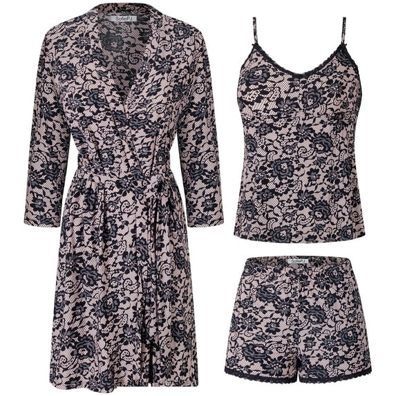 SofiePJ, Women's, Printed Robe Set with Chemise and Shorts 3 PC Sleepwear Lounge Wear, Black Pink, XL
