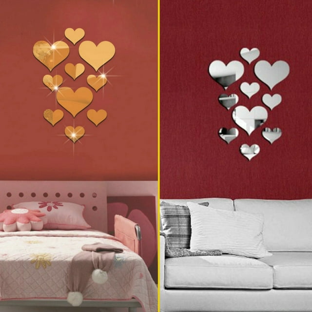 Vaidha 10pcs Heart Acrylic Mirror Wall Sticker Mural Decal Removable Stickers