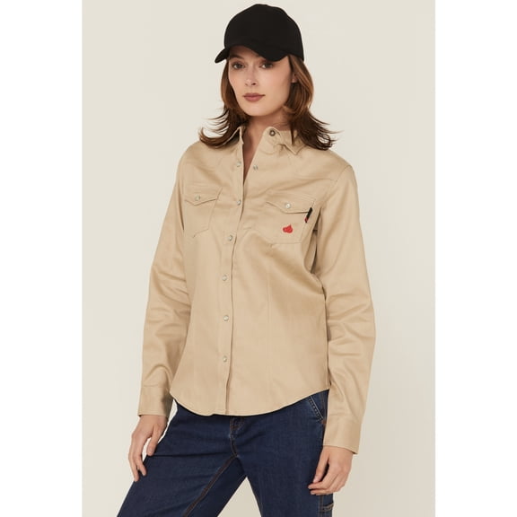 Forge Workwear Women's Fr Solid Long Sleeve Snap Stretch Work Shirt Stone XX-