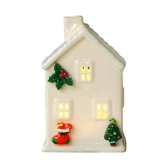 HHBEAUTY Ceramic Christmas Village Houses, LED Lighted Porcelain White Small House Tabletop Figurines, Light Up Christmas Decorations for Home Shelf Cabinet Table Winter Decor