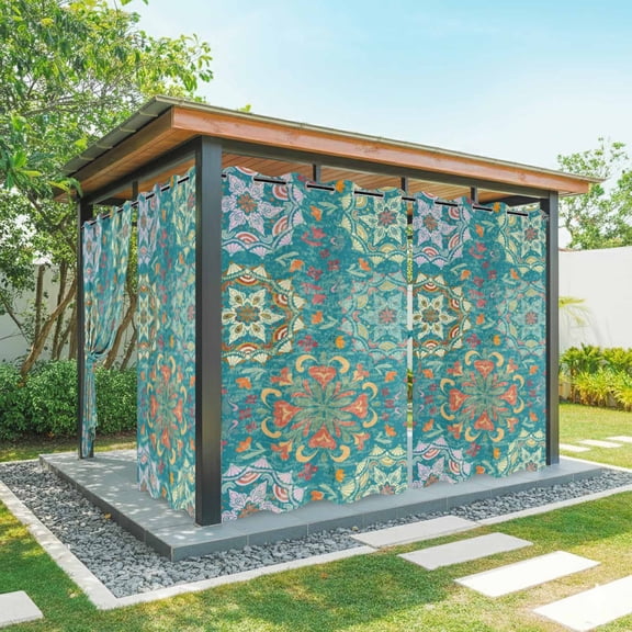Green Boho Outdoor Curtains for Patio Waterproof,Windproof Privacy Curtains with Weighted Bottom,Shabby Vintage Ethnic Abstract Floral Art Outside Drapes for Picnic Garage Yard Cabana 54"x84" 1 Panel