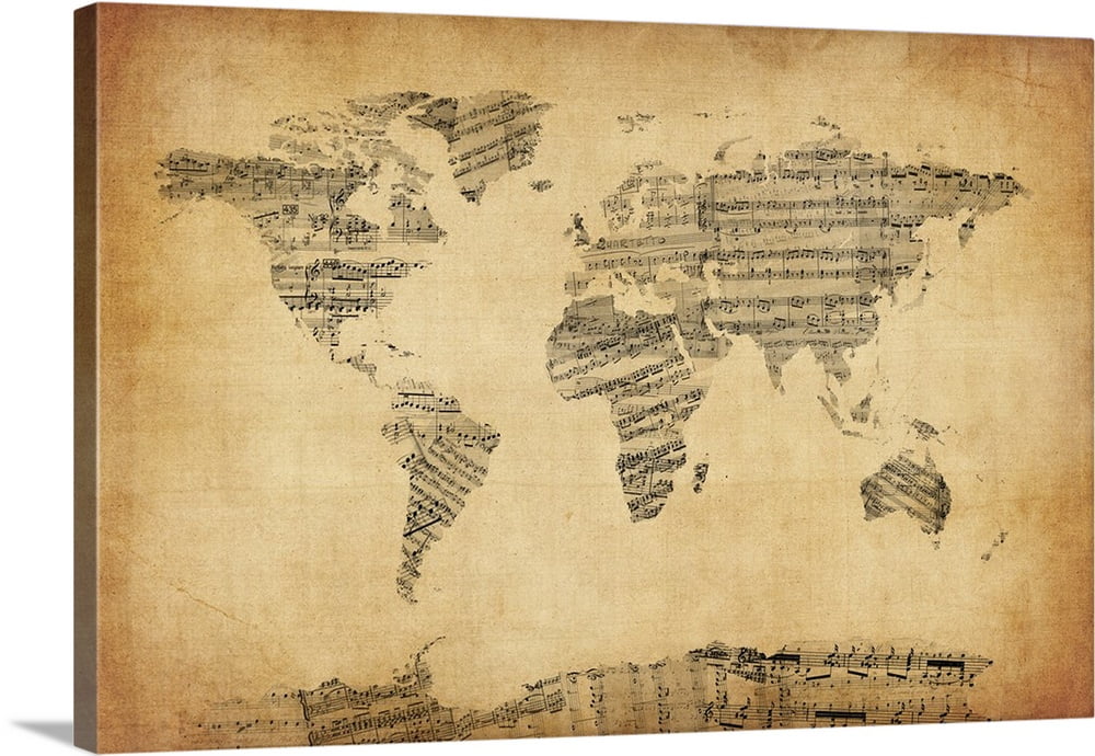 Great BIG Canvas | "Map of the World Map from Old Sheet Music" Canvas Wall Art - 48x32