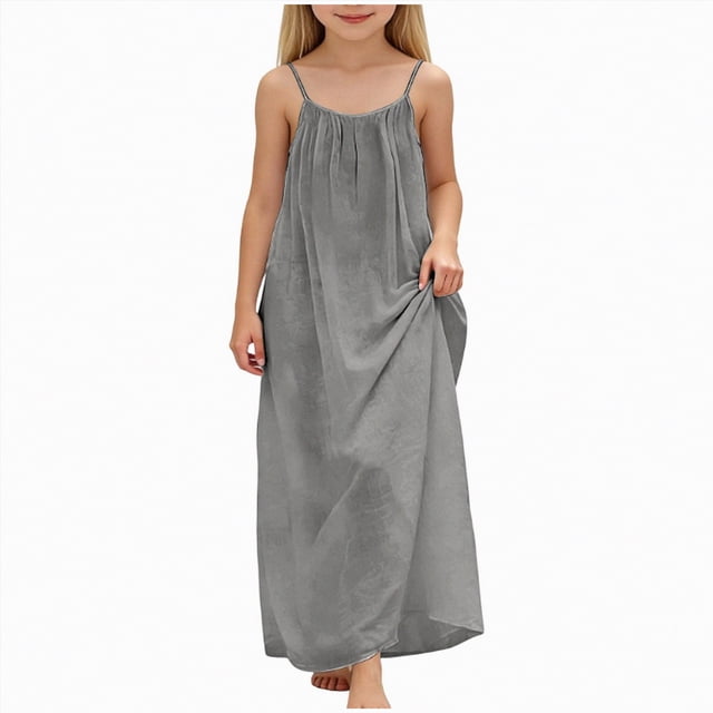 NIEWTR Robe Décontractée Tissée pour Tout-Petits et Bébés Filles à Larges Bretelles, Robe Soleil Fluide pour les Journées d'Été (Gris, 8-9 Ans)