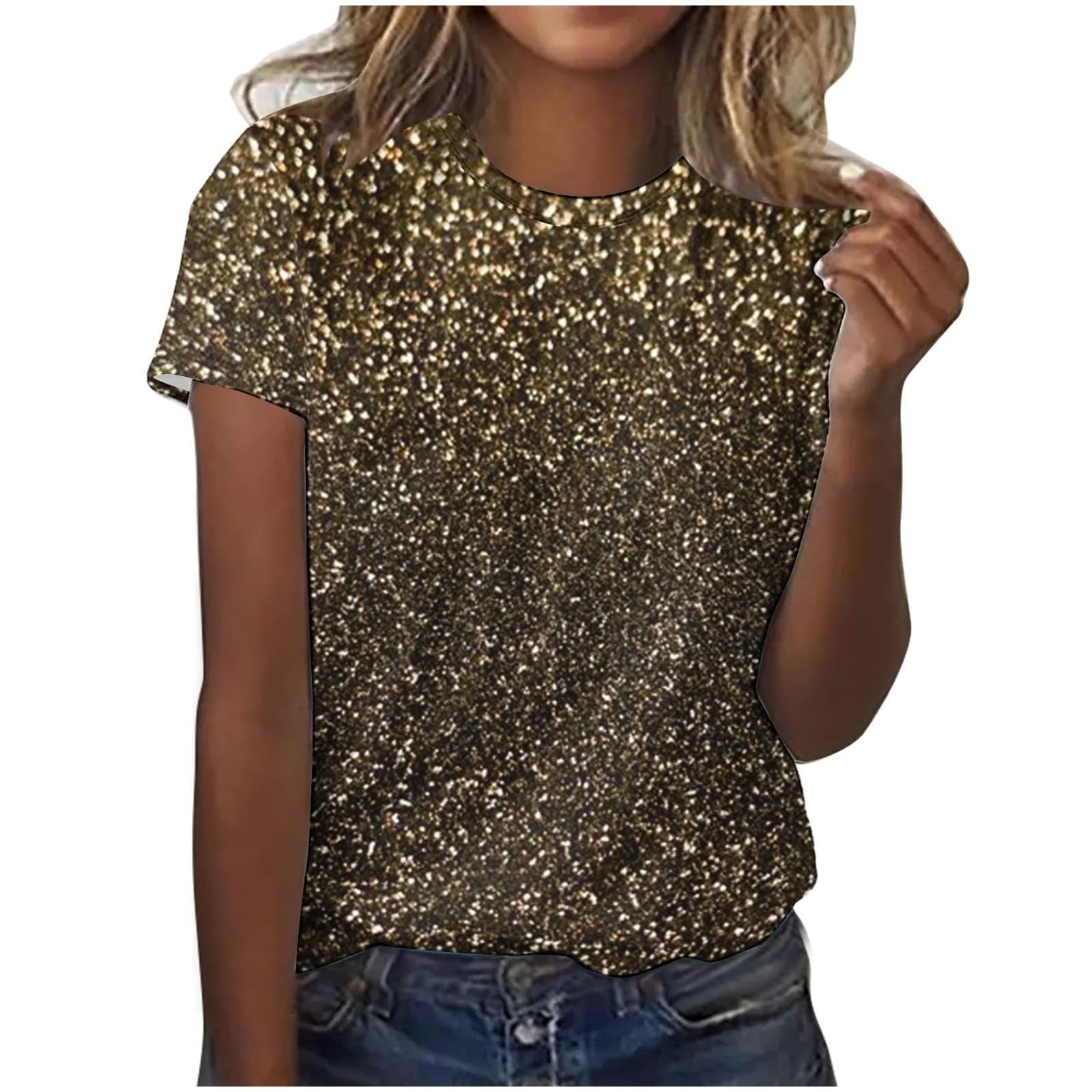 Liquidation! Uooqdmx Hauts Scintillants pour Femmes, Hauts à Sequins pour Femmes, Chemises à Manches Courtes pour Femmes, T-Shirt Décontracté à Col Rond Imprimé à Sequins, Hauts de Printemps pour Femmes 2025, Or 2 S