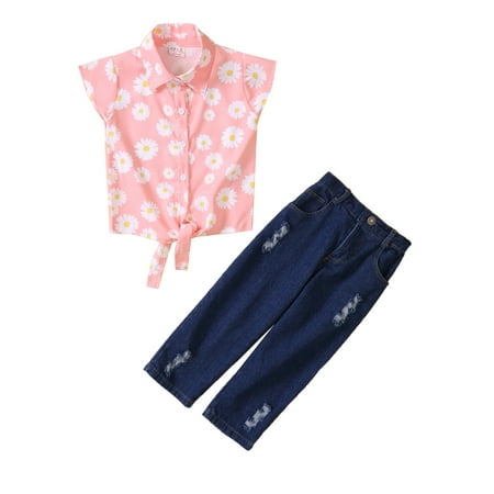 

Suanret Toddler Baby Girls Summer Clothes Daisy Print Short Sleeve T-shirt+Ripped Denim Pants with Pockets Set Pink 3-4 Years