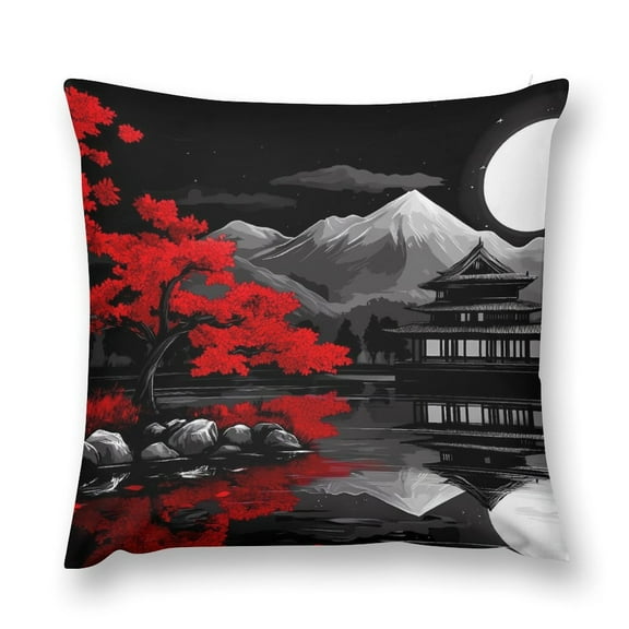 Japanese Landscape Cherry Blossom Trees Building Throw Pillow Cases Plush Pillow Cover Decorative Pillowcases Zipper Closure Cushion Covers for Couch Living Room Bedroom 12 "x12 "