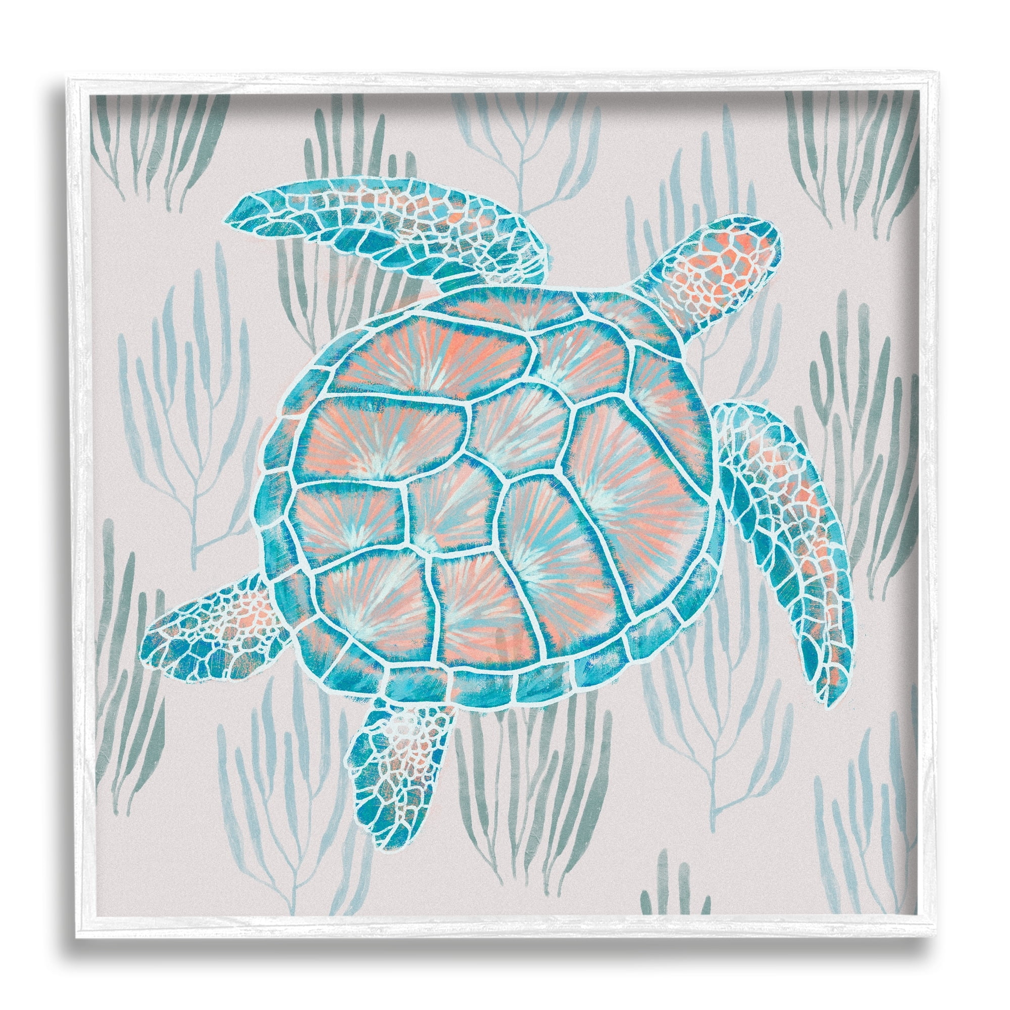 Stupell Industries Sea Turtle Among Ocean Grasses Blue Orange Detail Graphic Art White Framed Art Print Wall Art, Design by Ziwei Li