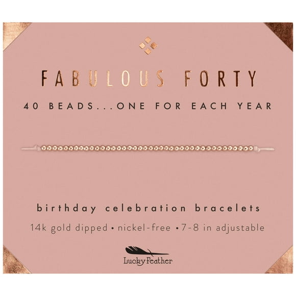 Lucky Feather 40th Birthday Gifts for Women, 14K Rose Gold Dipped Beads Bracelet on Adjustable 7"- 8" Cord - Perfect 40th Birthday Gift Ideas for Her