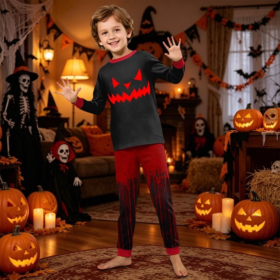 Family Matching Halloween Pajama Set, 2 Piece Long Sleeve Top & Pants, Pumpkin Bat Print Sleepwear Loungewear for Holiday Family Gathering Home Wear,4 Years