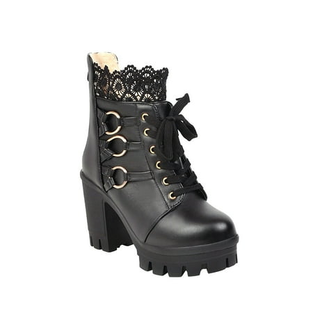 

Jsaierl Women Lace Booties Wedding Chunky Heel Ankle Boots Witch Costume Boots Mid Heel