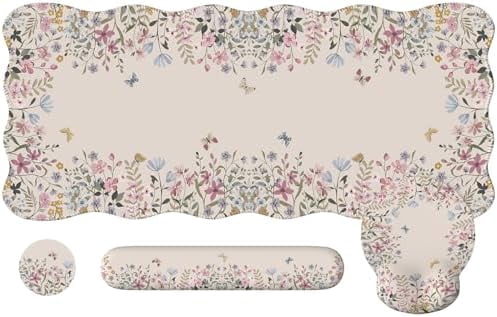 Tekola Desk Mat Set,Large Mouse Pad with Wrist Rest,Ergonomic Keyboard Wrist Support for Women,Girly Floral Computer Mat with Scalloped Edges,Non-Slip Desk Pad Home Office Gaming (Beige)