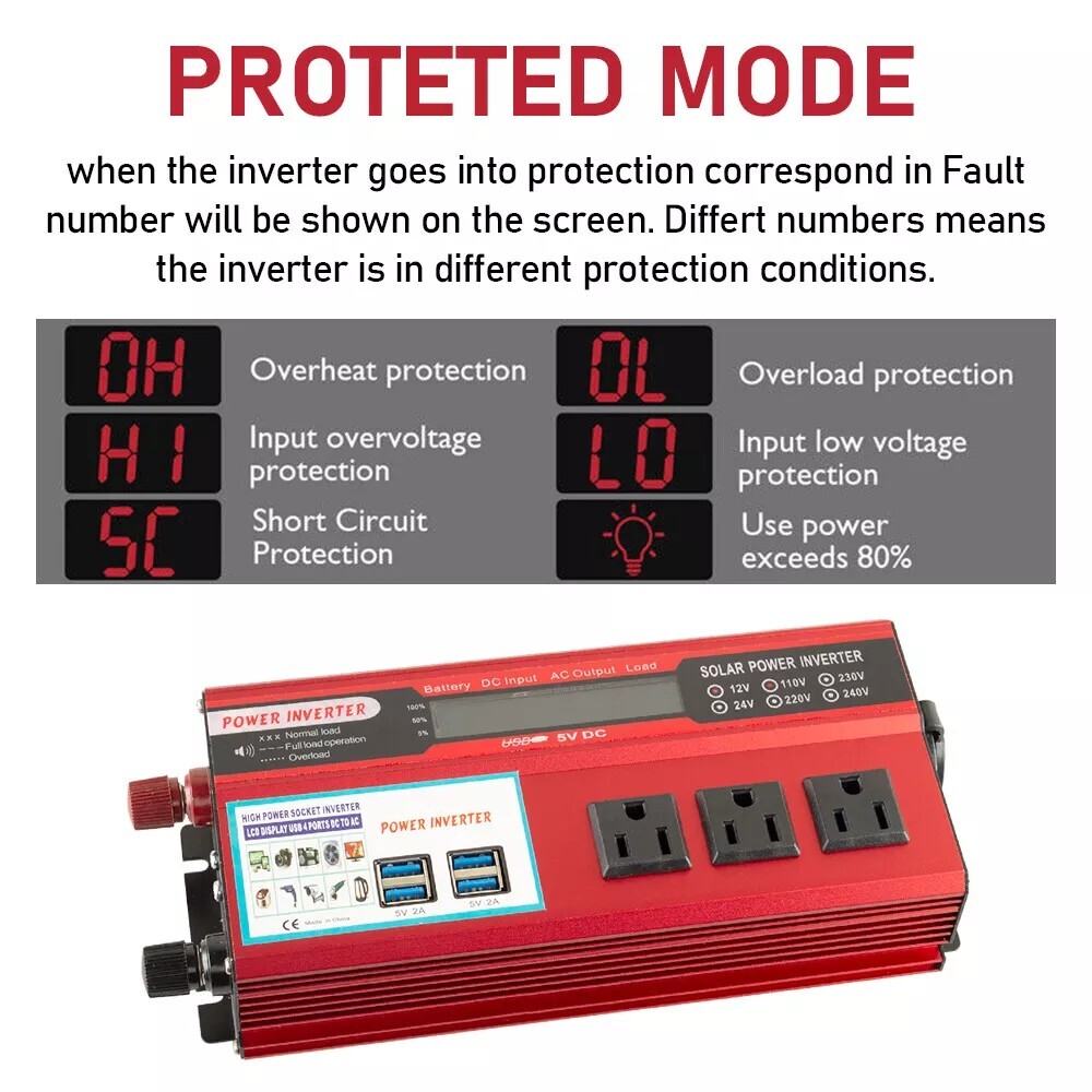 PrePat Car Power Inverter 5000W DC 12V To AC 110V Pure Sine Wave Solar Converter 4 USB