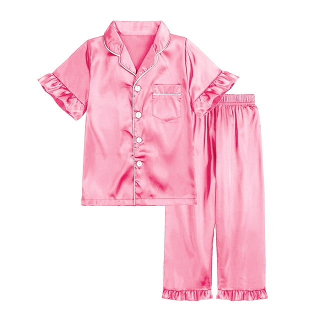 zbxnLI Girls Pajamas Silk Satin Pajama Sets Ruffle Short Sleeve Button down Shirts Shorts Sleepwear Sets