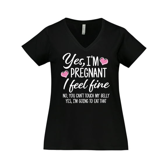 Inktastic Yes I'm Pregnant I Feel Fine No You Cant Touch My Belly Women's Plus Size V-Neck T-Shirt