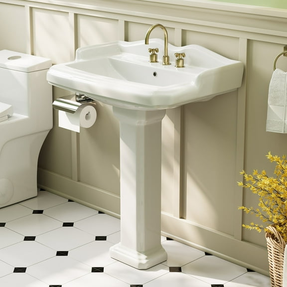 HOROW Bathroom Pedestal Sink, 23" W X 19" D Vintage Rectangular,with Overflow & 3 Pre-Drilled Holes