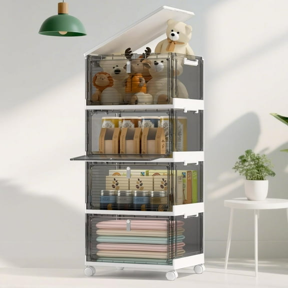 Storage Bins with Lids,4 Tier Stackable Storage Bins with Drawers,4 Pack Collapsible Plastic Boxes with Wheel-1 Lid,23QT Foldable Containers for Closet Living Room Bedroom Office(Grey)