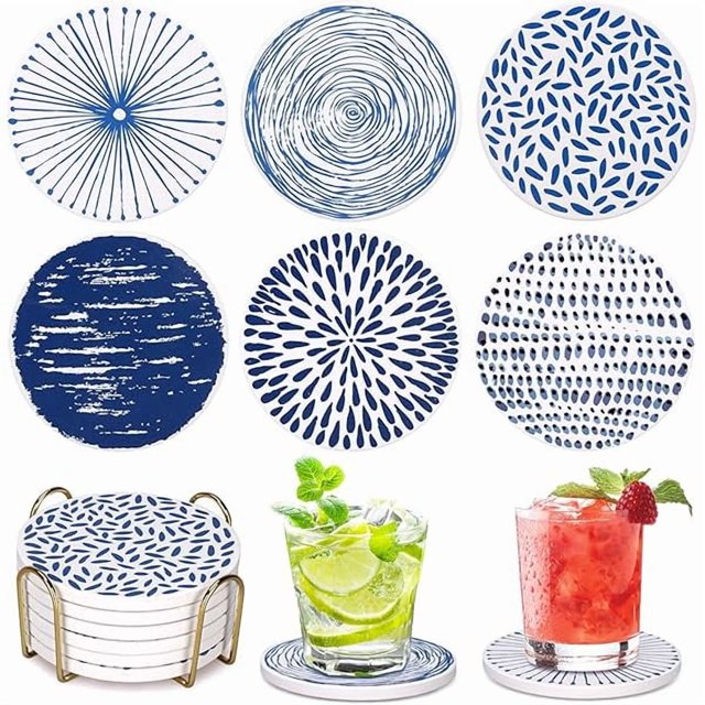 wonima02 Absorbent Coasters Set of 6 Round Ceramic Coasters for Drinks Modern Blue Boho Coaster with Holder for Coffee Table Decor, Outdoor, Desk