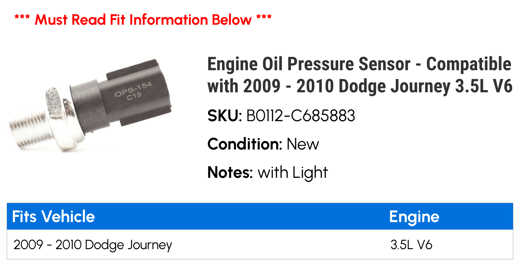 Engine Oil Pressure Sensor - Compatible with 2009 - 2010 Dodge Journey 3.5L V6