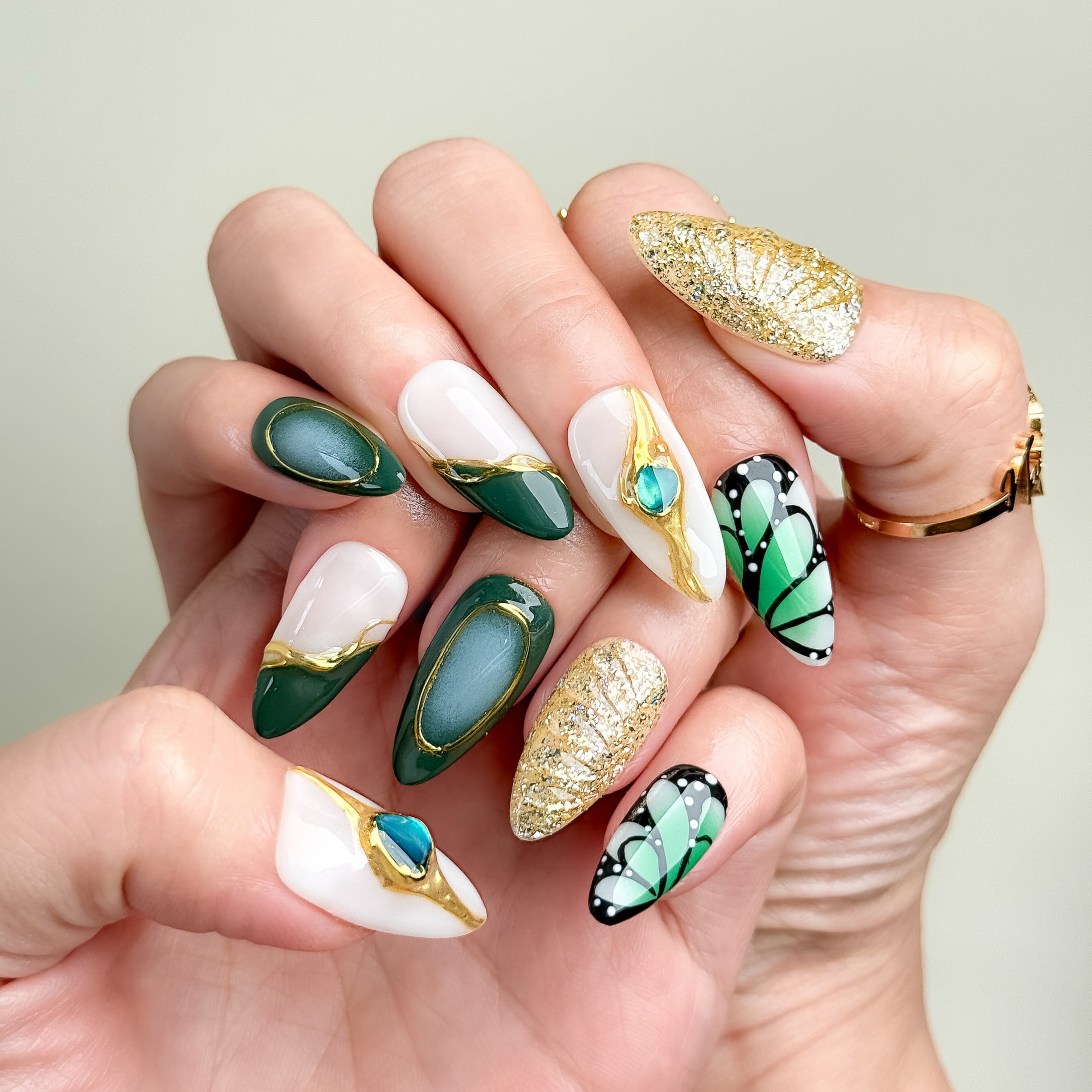 NailFairy Gilded Butterfly Ink Jade Short Almond Press-On Nails – Handmade Artistic Set of 10 with 3D Gem & Glitter Design, Free Tool Kit