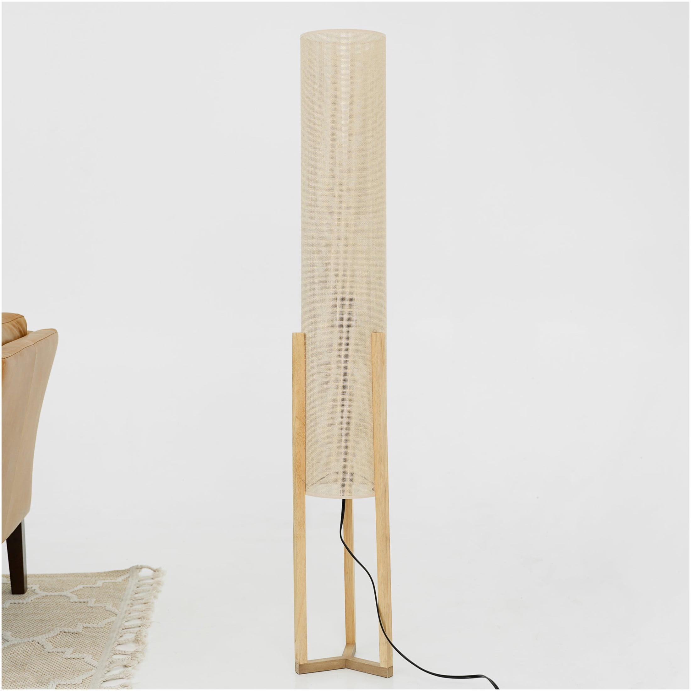 JERFIT Modern Floor Lamp for Living Room, Tall Standing Light with Drum Shade, Oak Wood Accent, Foot Switch, 110V-120V Plug-in for Bedroom, Office, Reading Nook