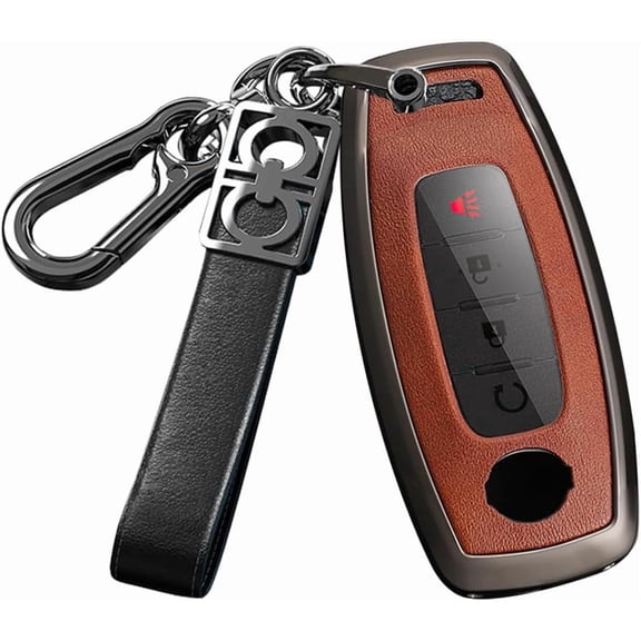 Key Fob Cover Compatible with Nissan Rogue Sentra Kicks Altima Murano Ariya Armada 2026-2028 Metal and Leather Car Key Protector Keychain Case Holder Protector,Blue,B-Brown