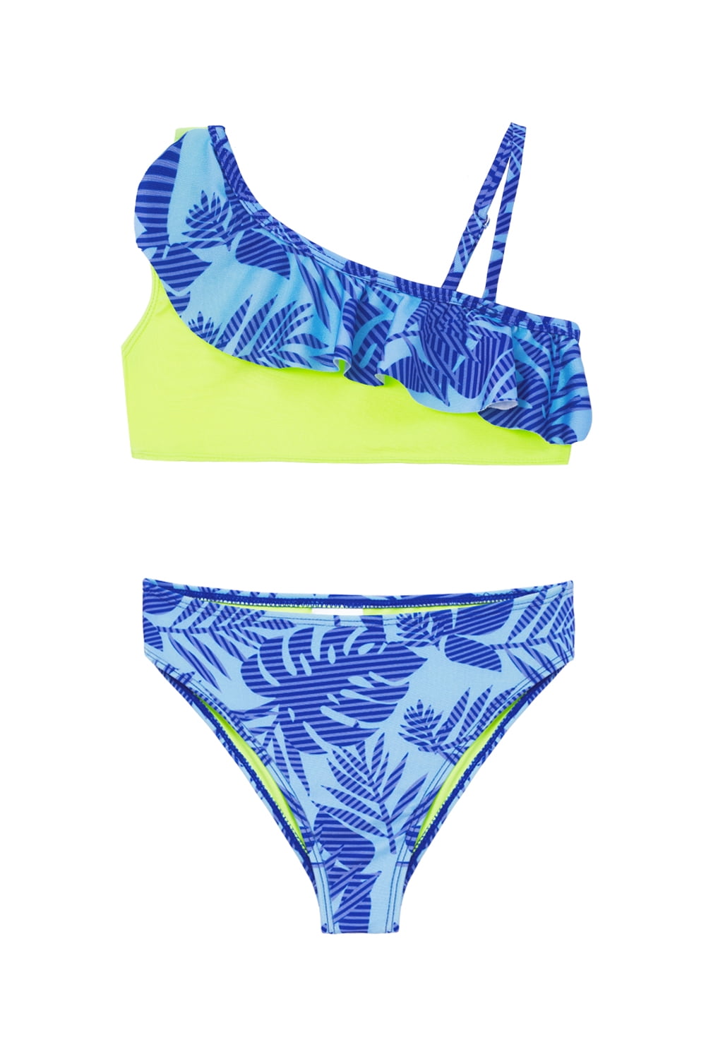 Girls Swimsuit Two Piece, Kids OneShoulder Hawaiian Bikini, Tropical