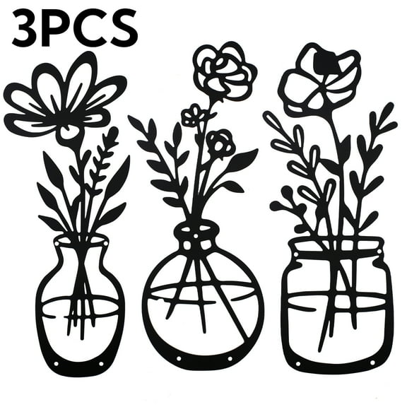 Metal Wall Decor Black Flowers Vase Wall Art Hanging for Indoor Kitchen Bathroom Bedroom Living Room 3 Pcs