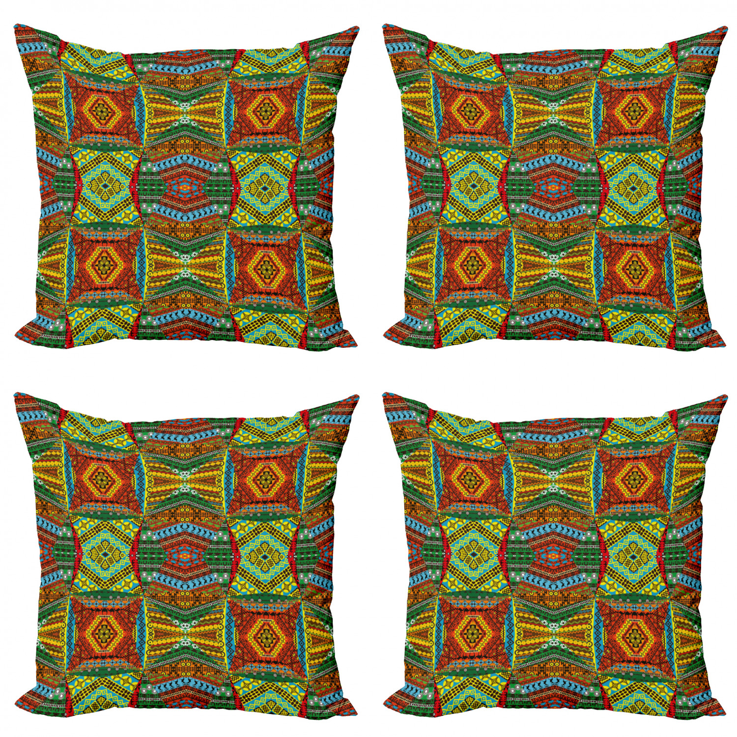 African Throw Pillow Cushion Case Pack of 4, Collage of Native Motifs