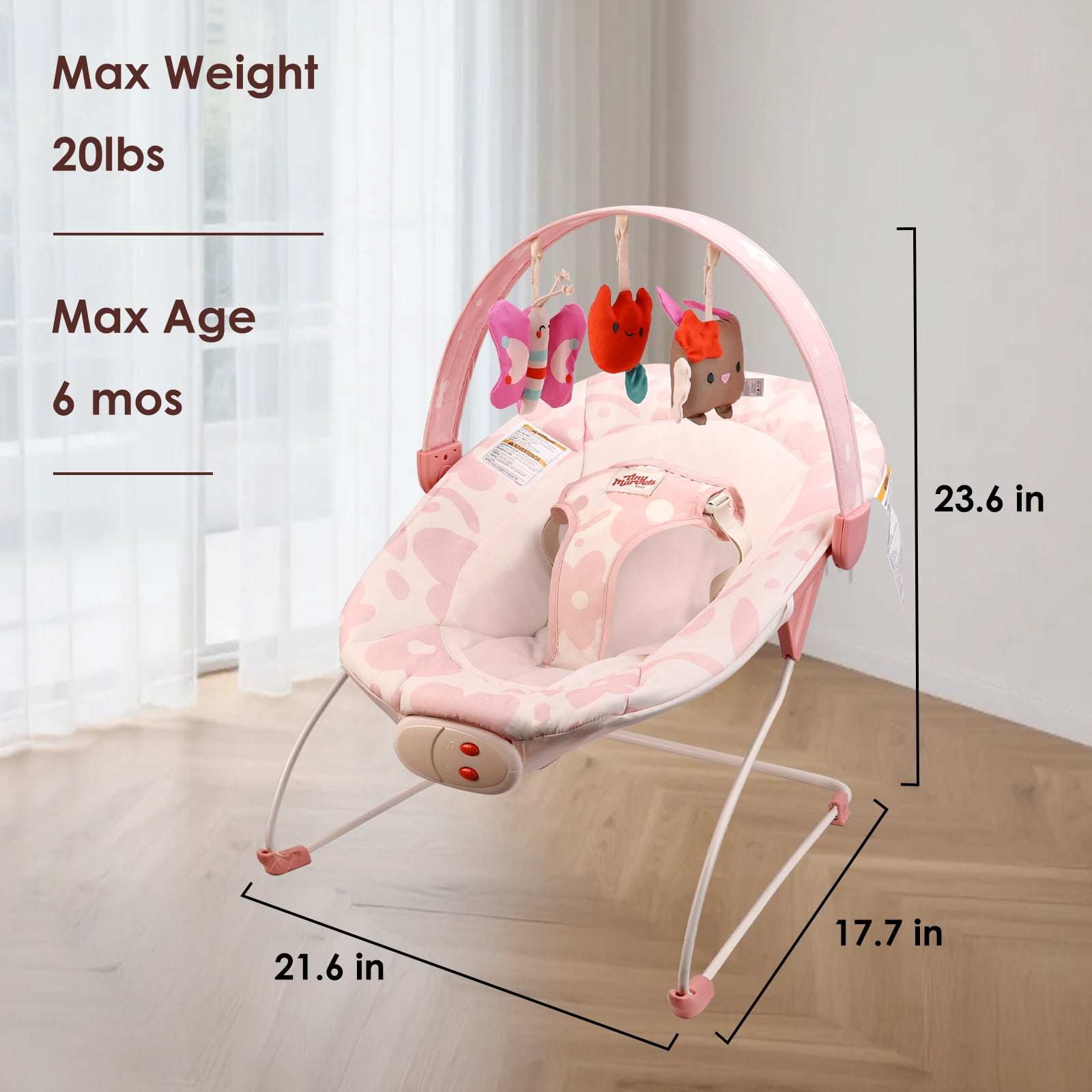 Tiny Marvels Baby Bouncer Seat with Soothing Vibrations and Music Sensory Toy, Age 0-6 Months(Blush Bloom)