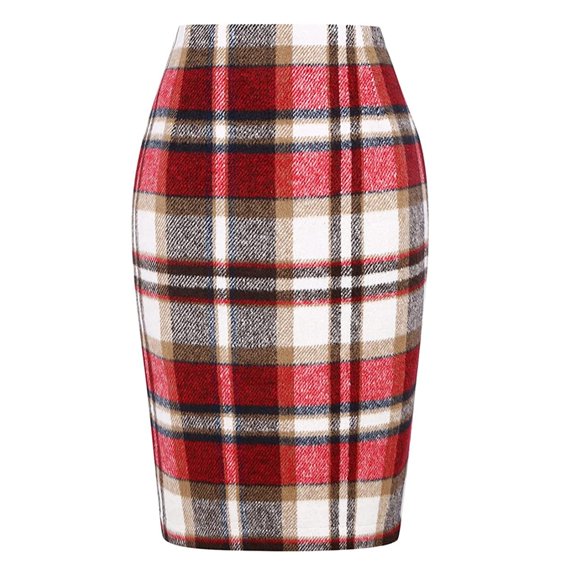 Cyglowse Womens Knee Length Elastic Waist Stretchy Bodycon Plaid Business Pencil Skirt Wine S