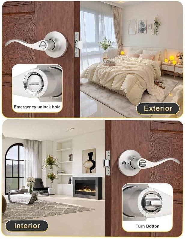 3 Pack Satin Nickel Privacy Door Lever, Modern Interior Door Knobs Locks for Bedroom and Bathroom, Heavy Duty Door Handle, Reversible Wave Lever Handle