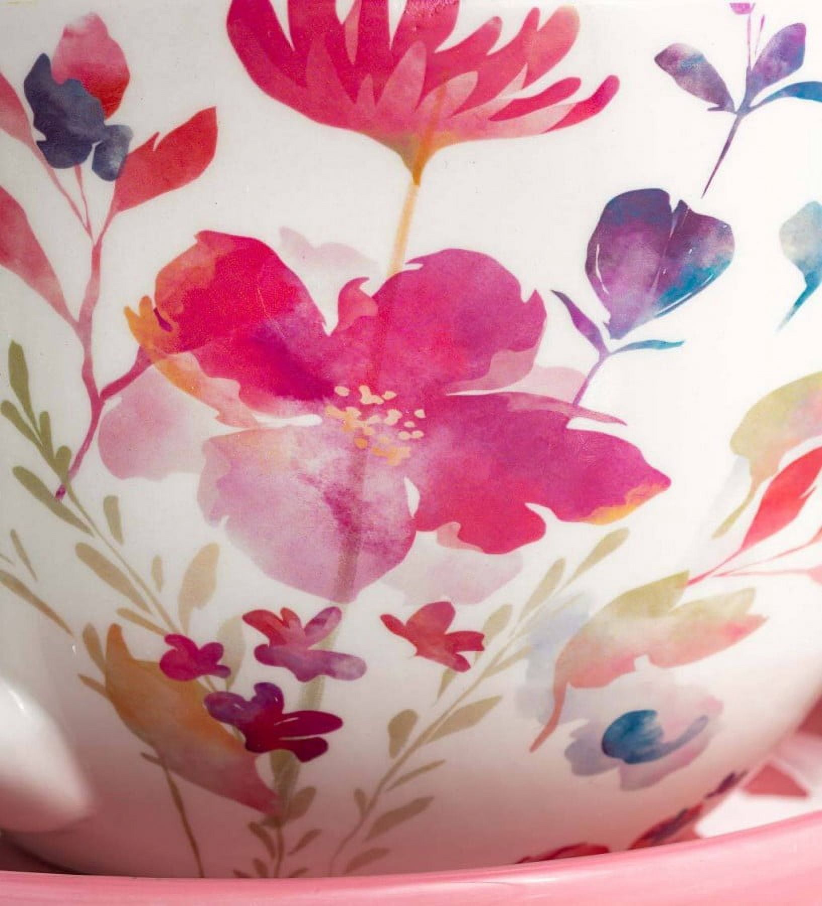 Plow & Hearth Ceramic Floral Tea Cup Indoor/Outdoor Planter with Saucer - Pink