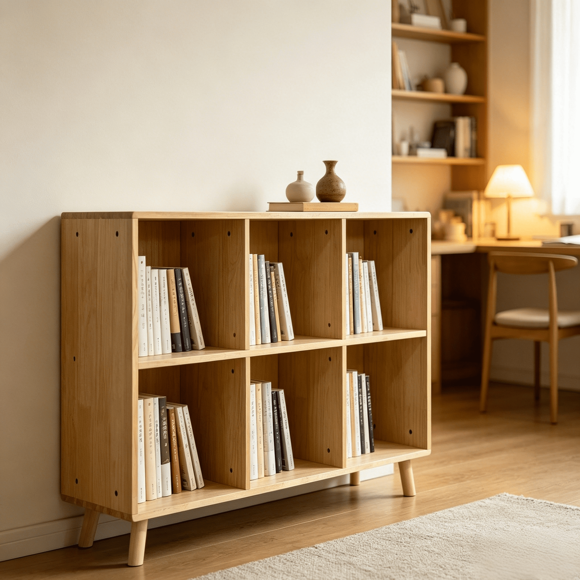 Leumius 6 Cube Storage Shelf, Freestanding Open Bookcase with Legs, Natural Solid Wood Cubby Organizer for Living Room, Bedroom, Office, Entryway