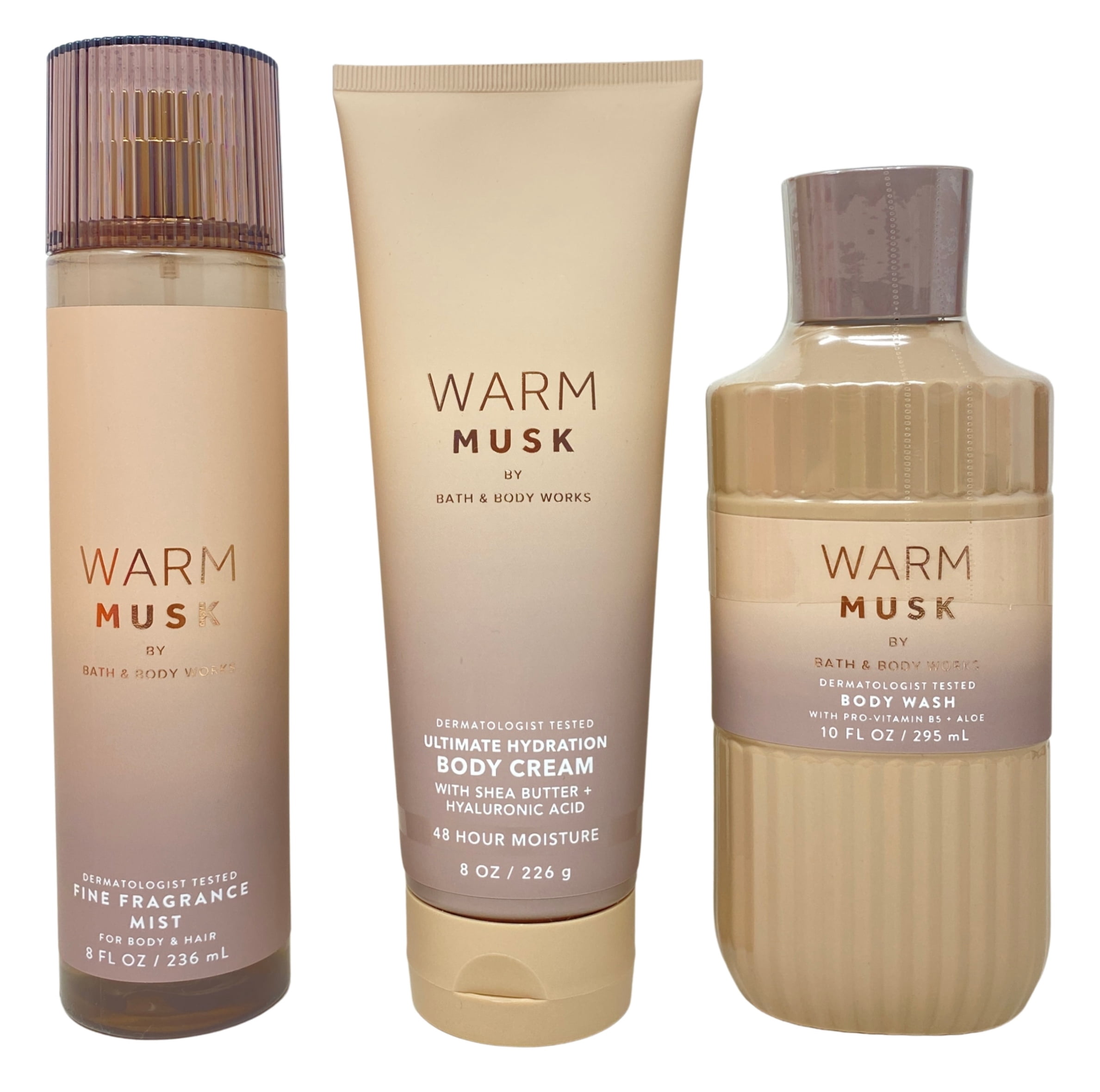 Bath & Body Works Warm Musk Fine Fragrance Mist, Ultimate Hydration Body Cream and Body Wash with a Creamy Rose Bar Soap