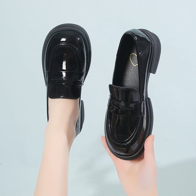 Zapatos de uniformes de estudiante de PU de Color sólido para mujer con cabeza redonda en la boca zapatos de fondo plano de fondo grueso zapatos de tacón bajo 37 Gao Jinjia LED
