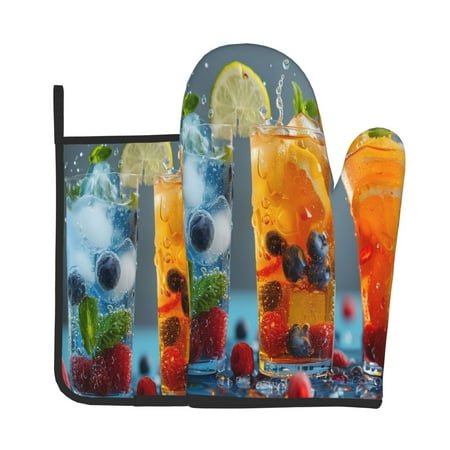 

Junzan Refreshing Fruit Infused Drinks Pattern Oven Mitts and Pot Holders 2 pcs Set Potholders BBQ Gloves Long Kitchen Oven Glove for Cooking Baking Grilling (2-Piece Set 11 Inch)