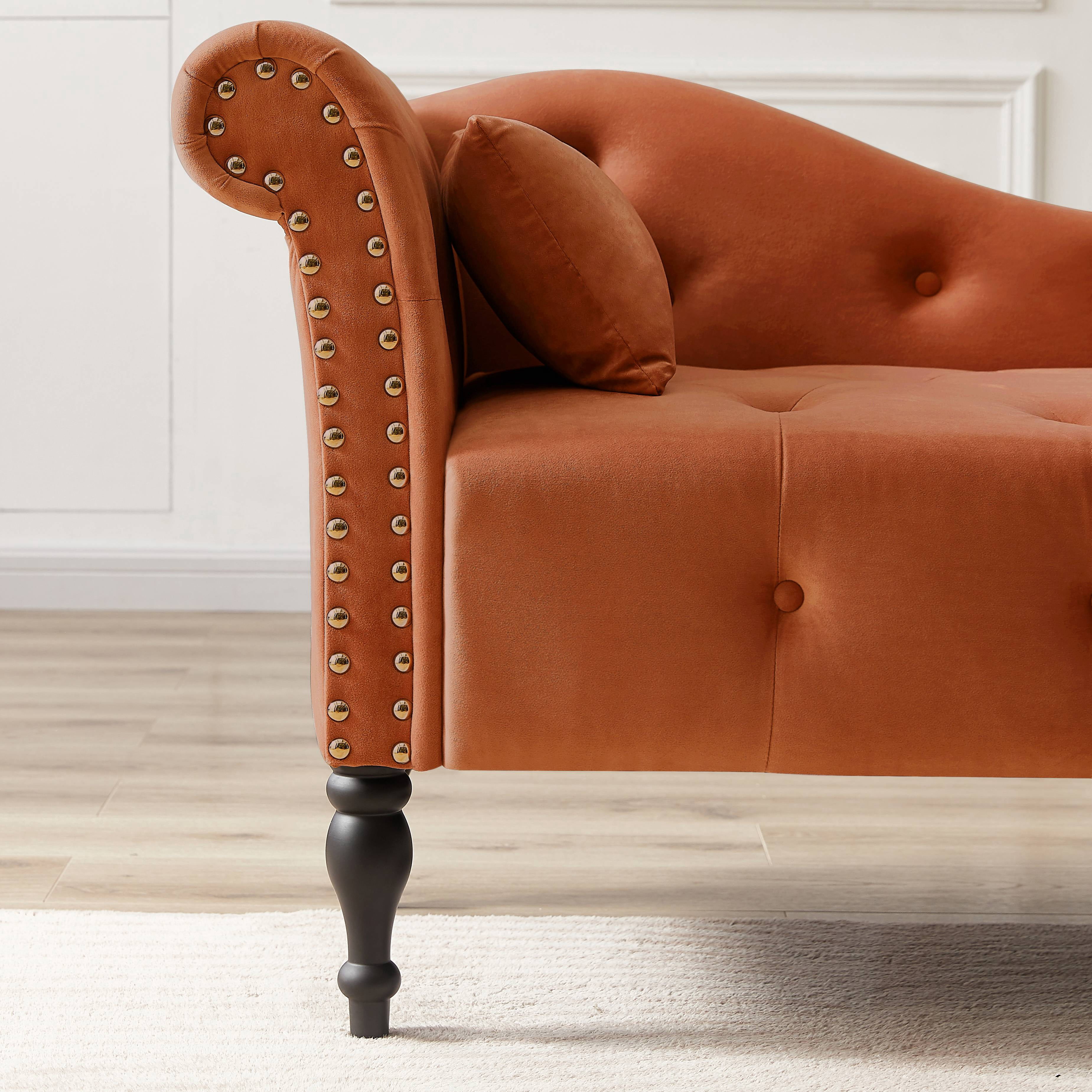Miniyam Velvet Chaise Lounge, Tufted Accent Chaise Chair with Pillow for Living Room Bedroom, Orange