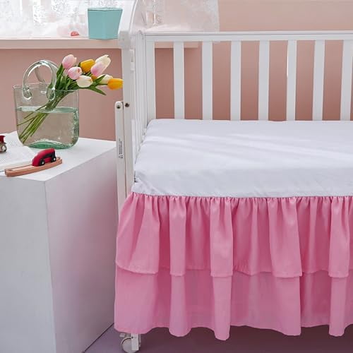 Pink Crib Bed Skirt 14 in Deep Drop Dust Ruffle Double Layer Microfiber Nursery Bedding Skirt for Baby Girls