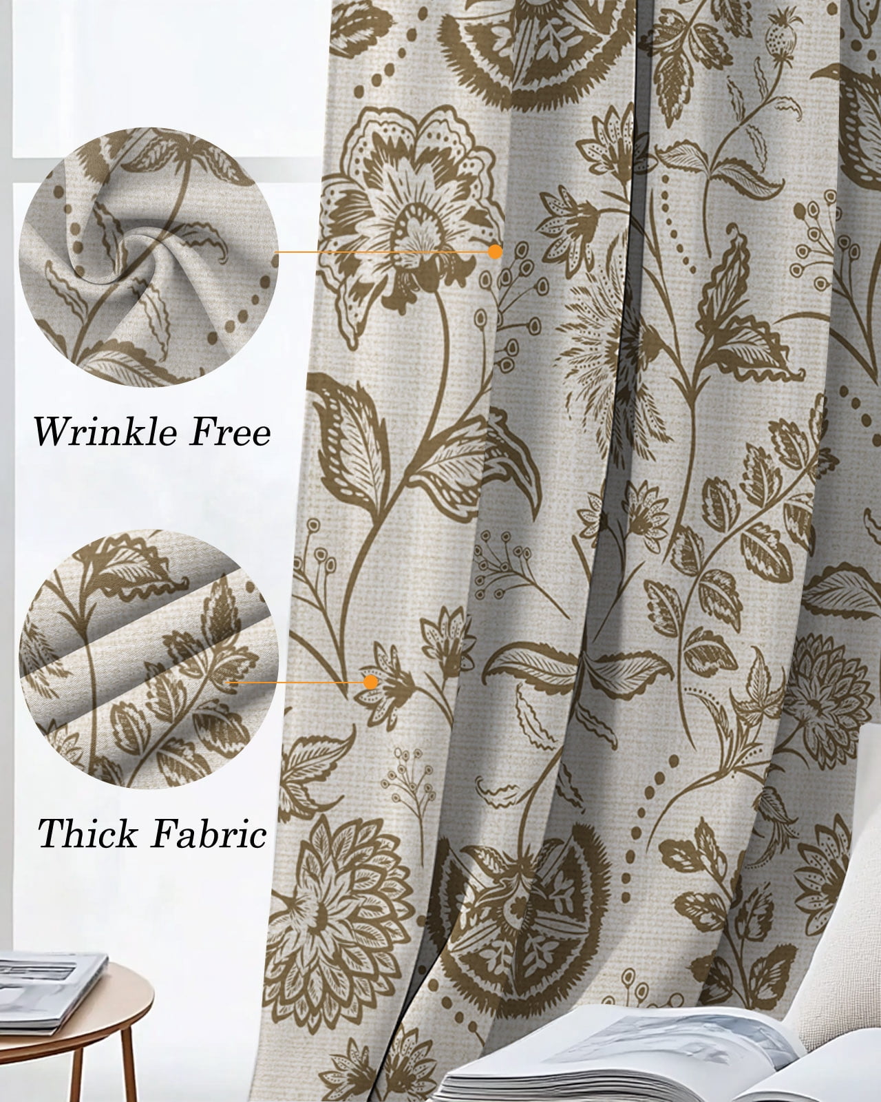 Farmhouse Brown Floral Blackout Curtains for Bedroom Living Room, Linen Boho Flower Rustic Country 72 In Long Thermal Insulated Room Darkening Drapes Grommet Window Treatments, 52 x 72 In