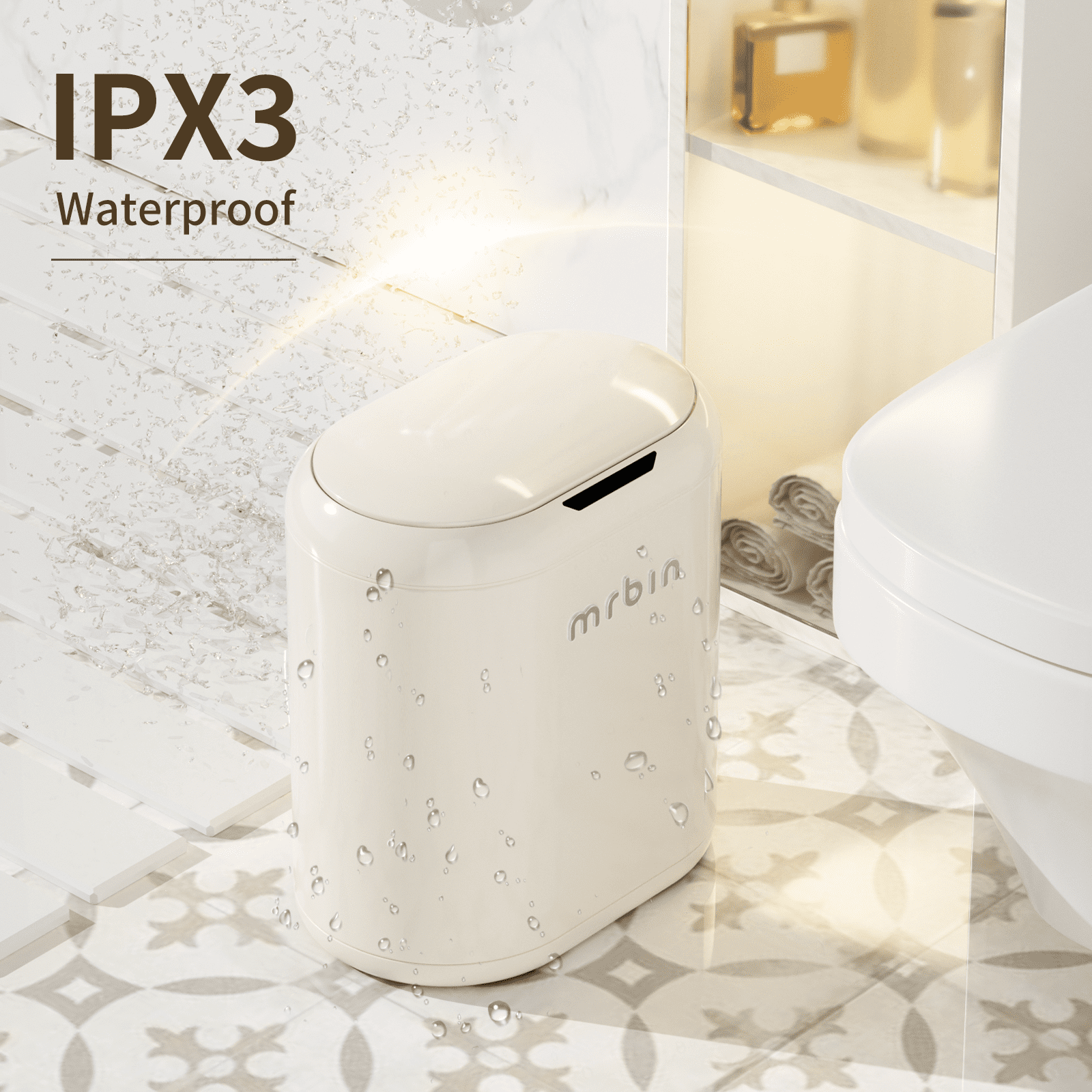 MRBIN Automatic Adsorption Metal Trash Can for Bathroom, Touchless Garbage Bin with Lid, 3.2 Gallon Slim Trash Can for Office and Bedroom, Electric Motion Sensor Waste Basket, Cream White