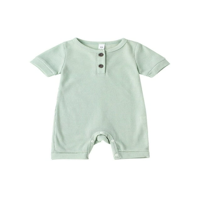 Lovely Baby Romper Short Sleeve Neck Solid Color Ribbed Buttoned Short Pants for Summer Spring Kids Clothing