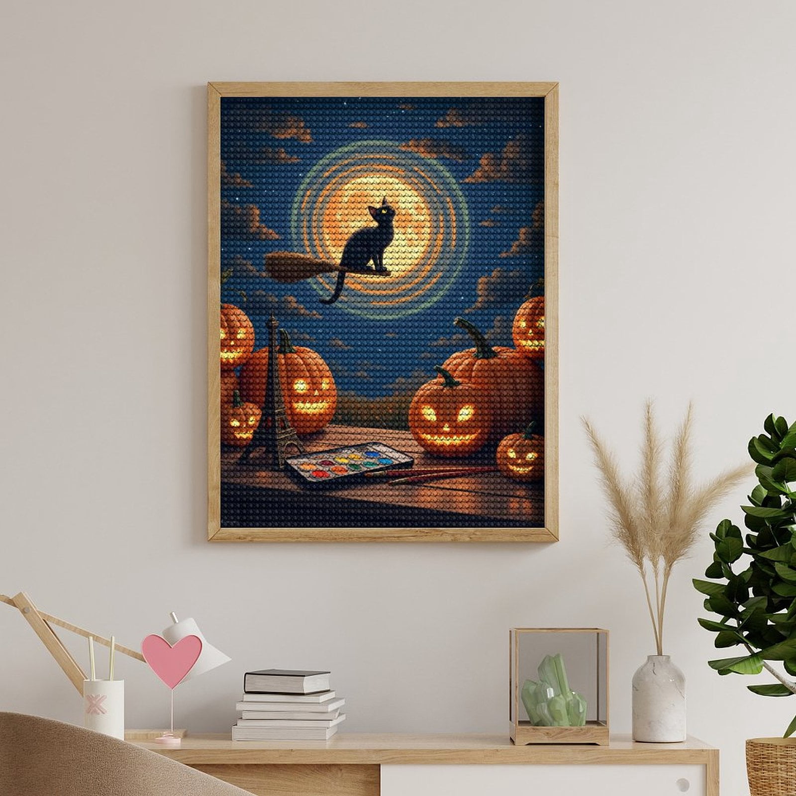 Diamond Art Kits for Adults, Halloween Night Cat Broom Moon Pumpkins 5D Diamond Painting Kits for Adults Beginners, DIY Full Drill Diamond Painting, Gem Art and Crafts 12x16