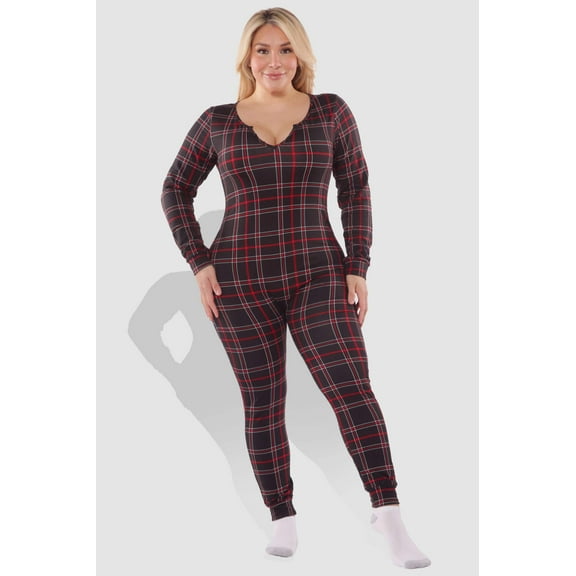 Plus Size Holiday Print Fleece Lined Jumpsuit Onesie - Black  Red Plaid