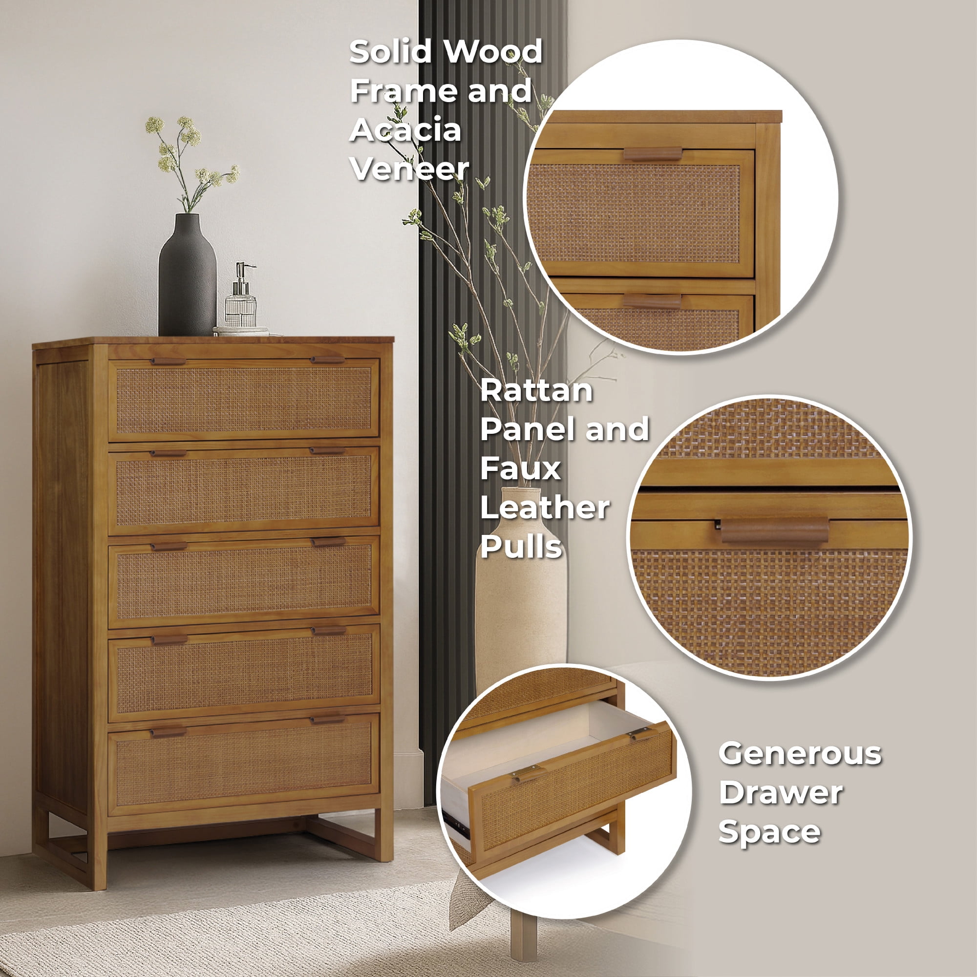 Hatteras Dresser with 5 Rattan Inlay Drawers, Natural – Teamson Home: Wide & Deep Storage with Coastal Modern Style